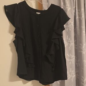 a new day Black Ruffle Sleeve Button-Front Blouse